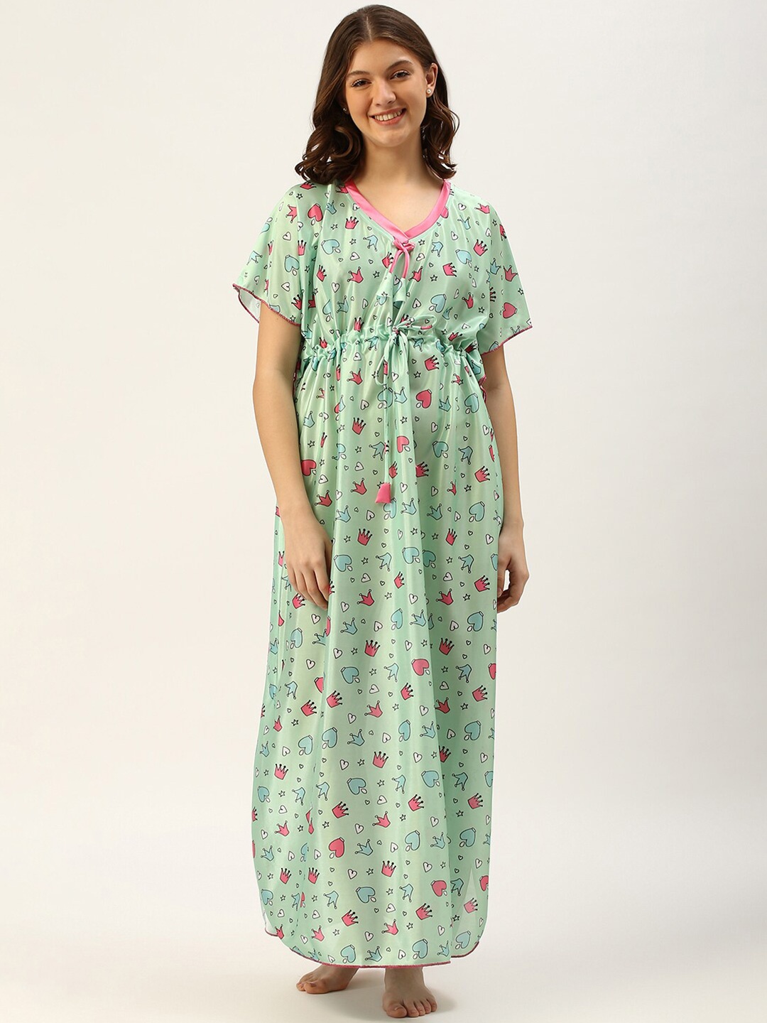 

TRUNDZ Green Printed Maxi Kaftan Nightdress