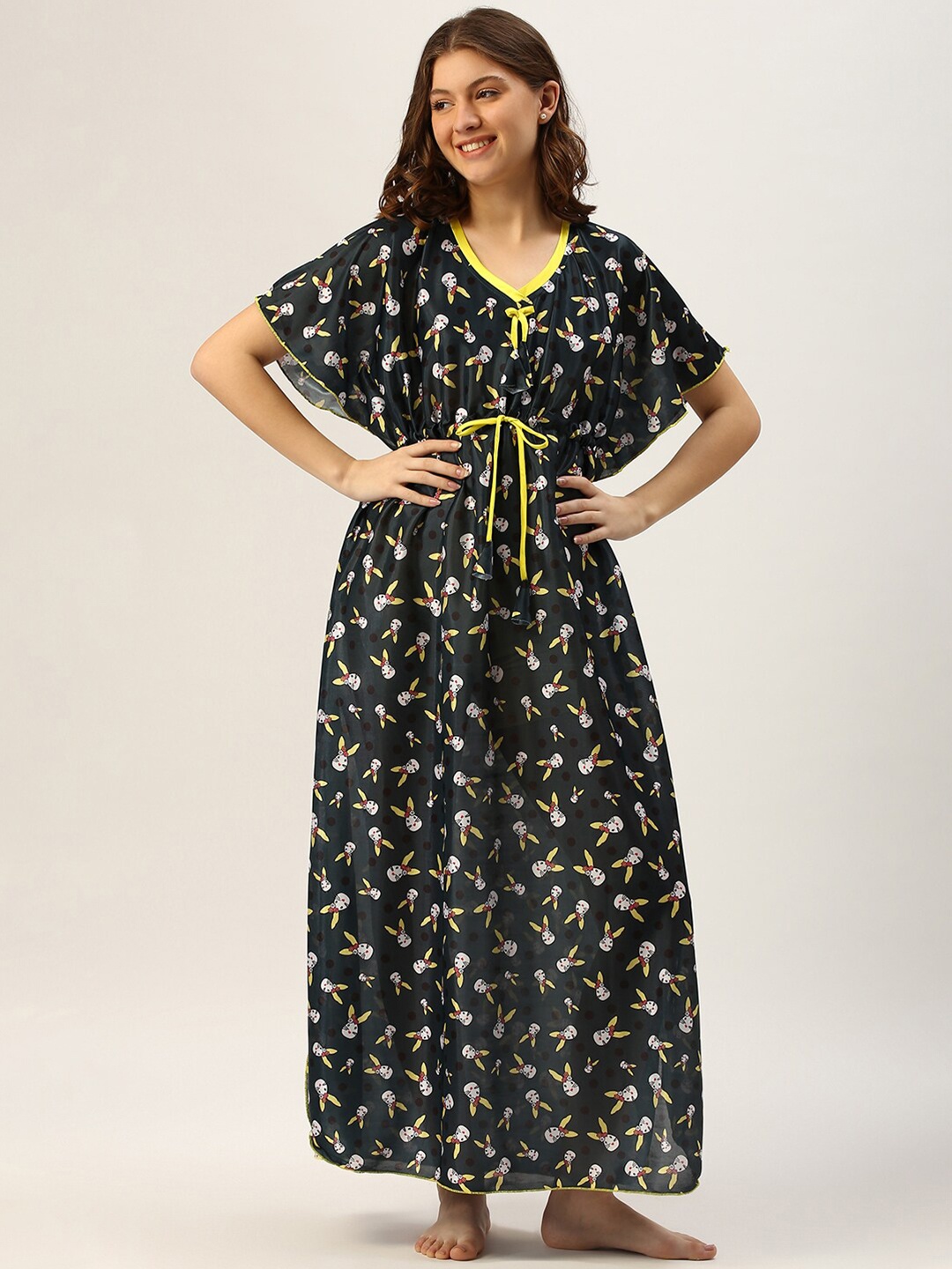 

TRUNDZ Grey & Yellow Printed Satin Maxi Kaftan Nightdress