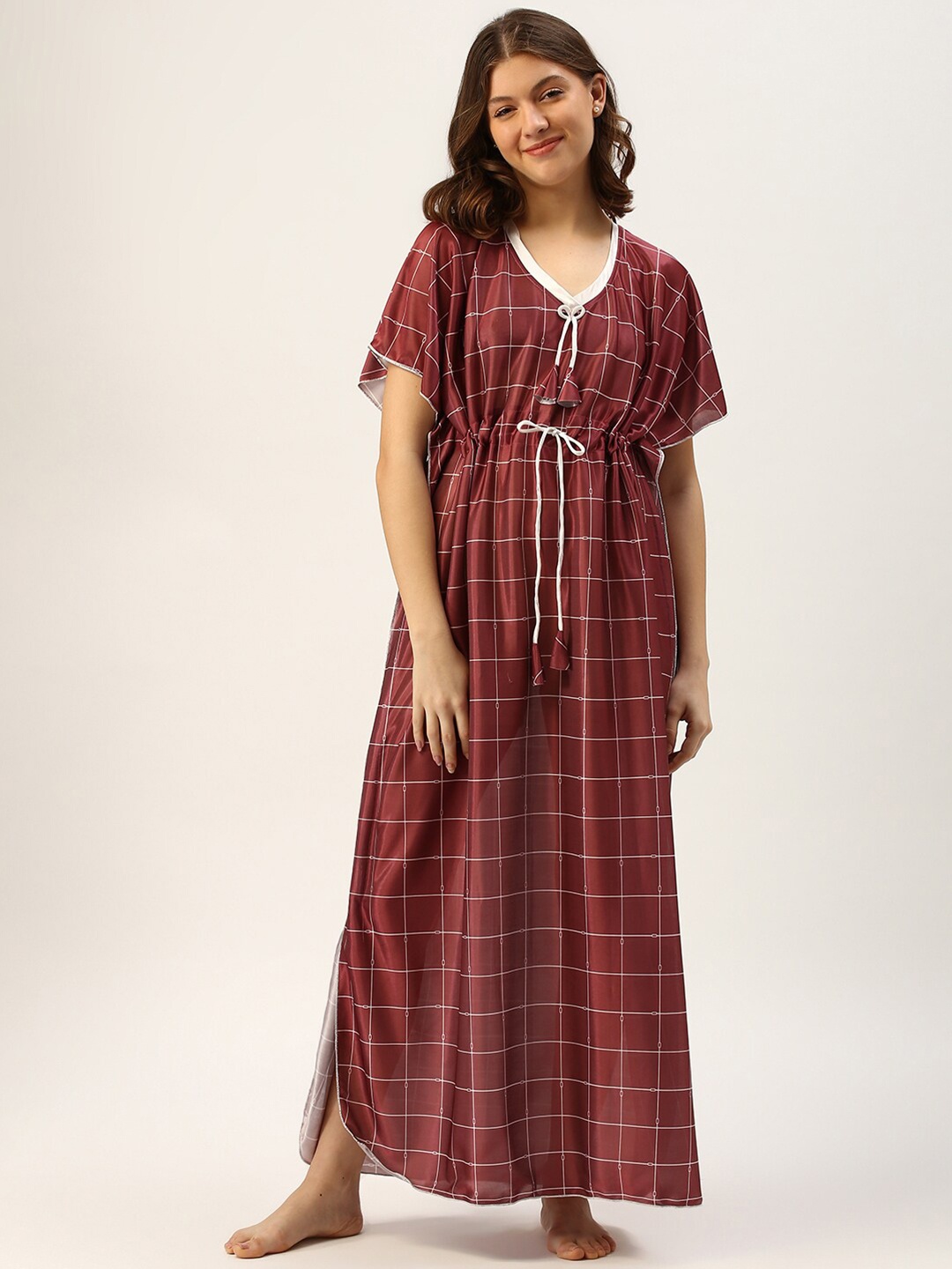 

TRUNDZ Maroon Checked Kaftan Maxi Nightdress