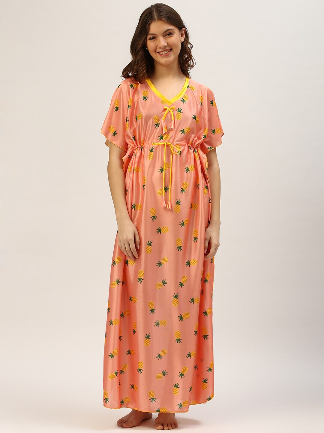 

TRUNDZ Orange Printed Satin Maxi Kaftan Nightdress