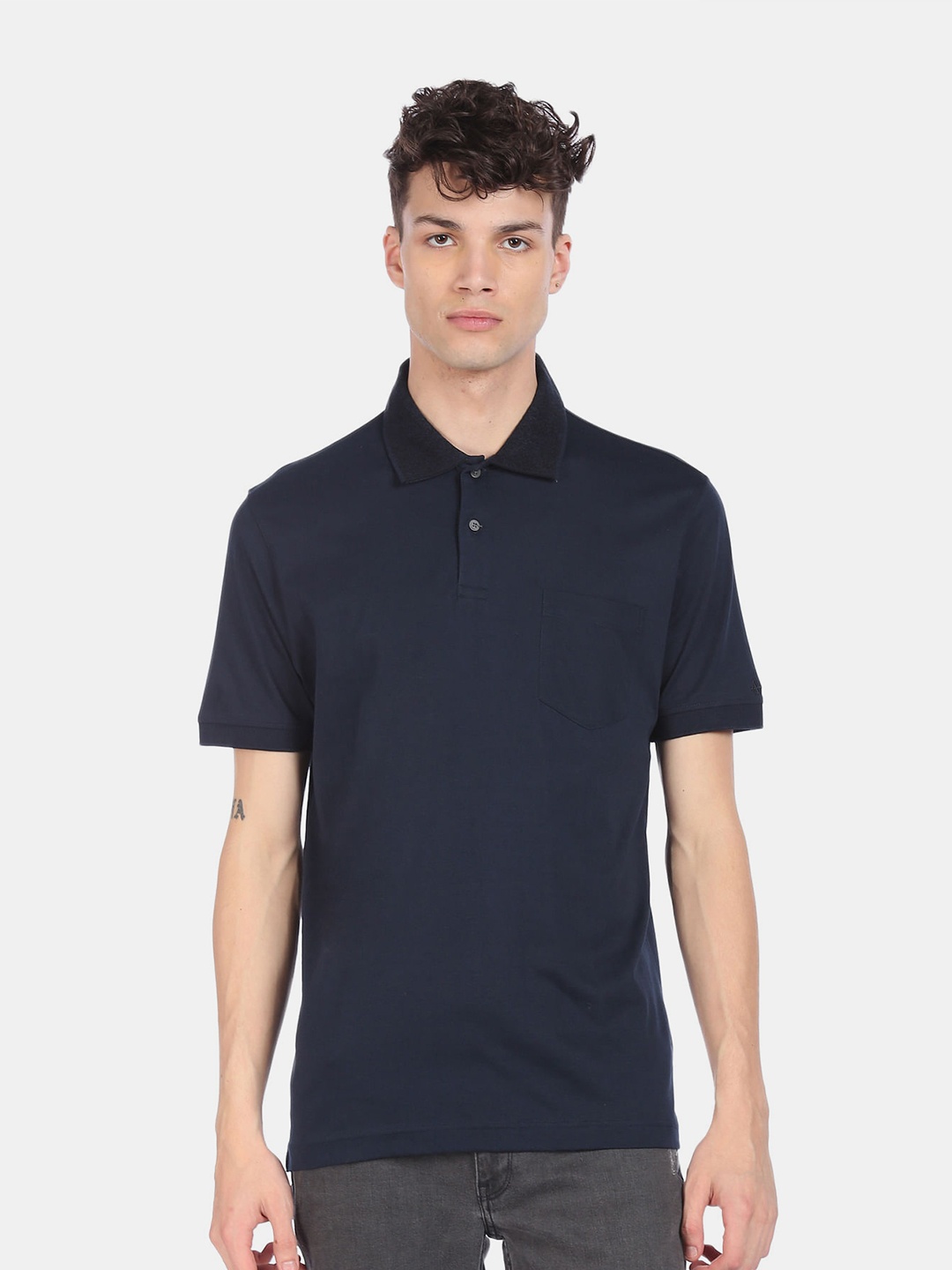 

Arrow Men Navy Blue Polo Collar Pockets Pure Cotton T-shirt