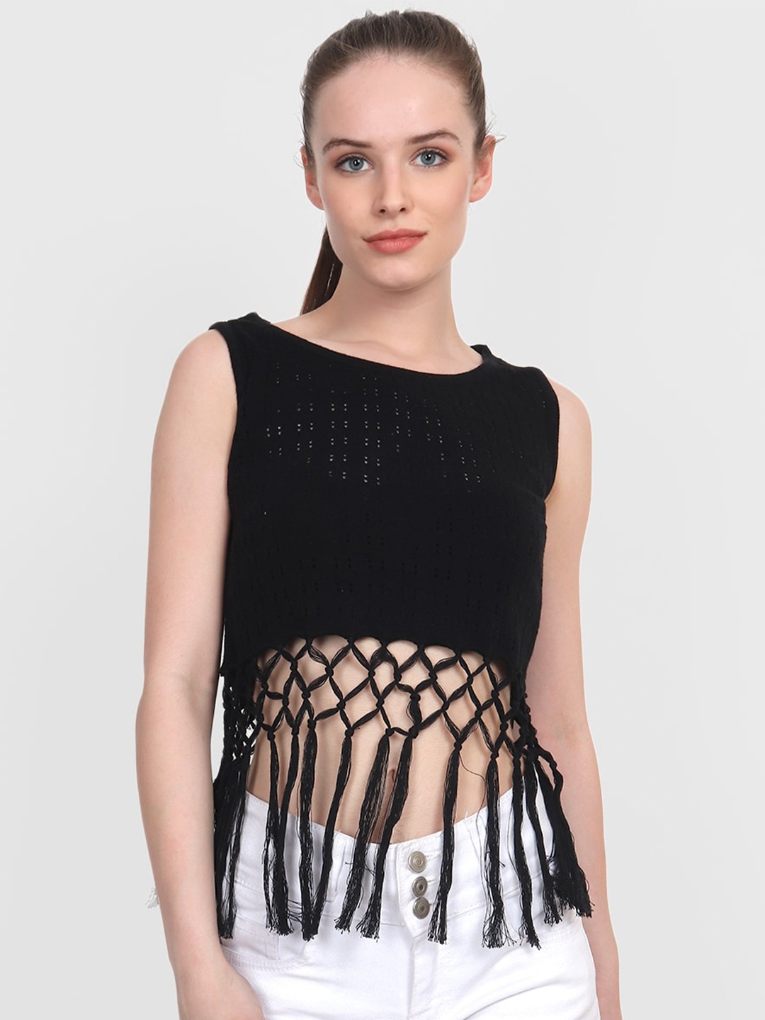 

JoE Hazel Black Pure Cotton Fringed Crop Top