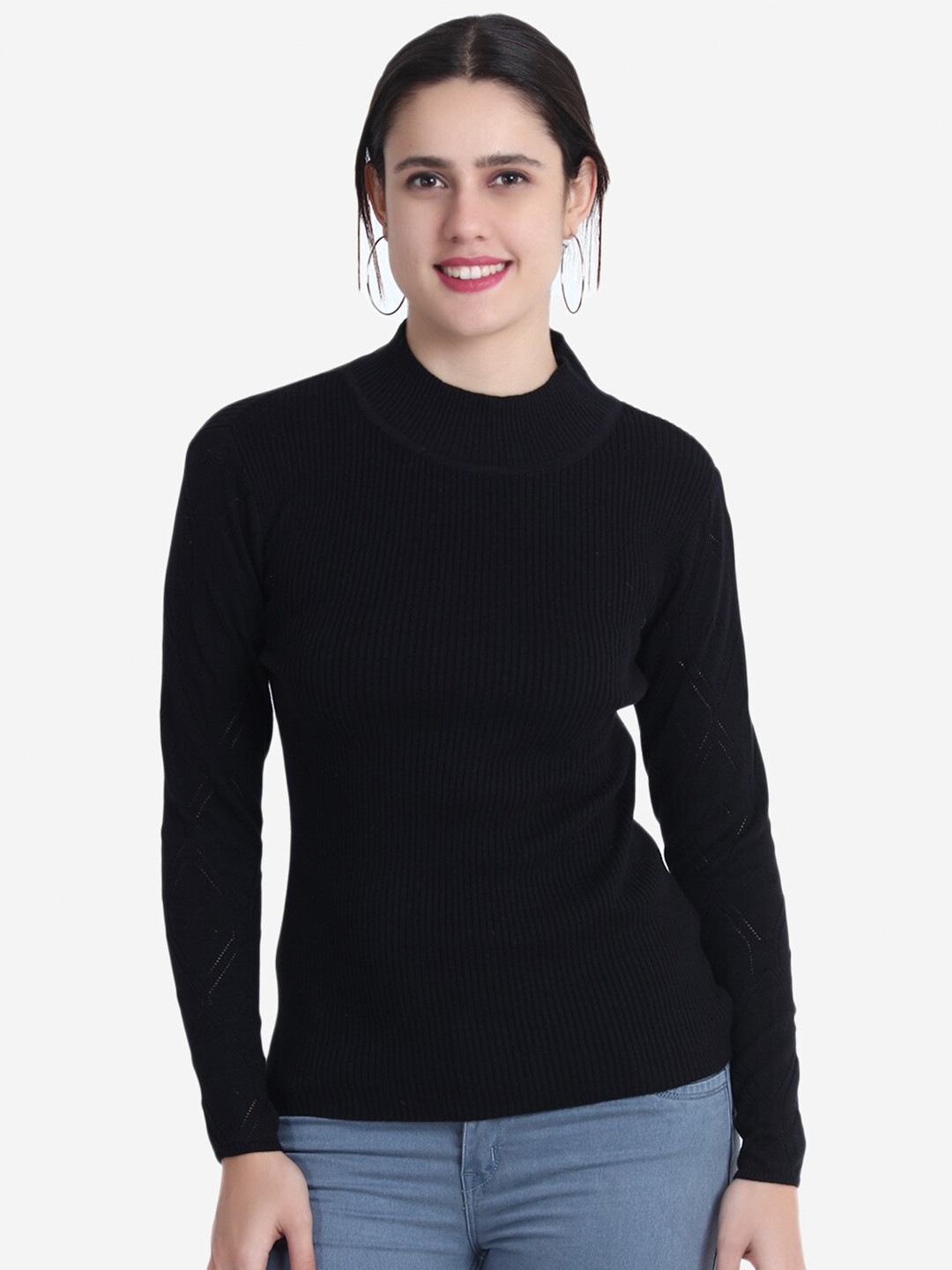 

JoE Hazel Women Black Solid Self Design Cotton Pullover