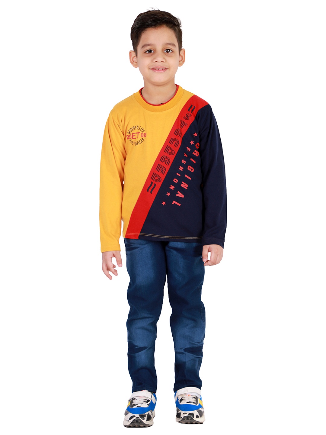 

FOURFOLDS Boys Mustard & Blue Printed T-shirt with Trousers