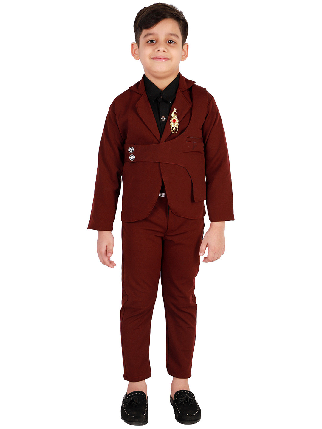 

FOURFOLDS Boys Maroon & Black 3-Piece Suit