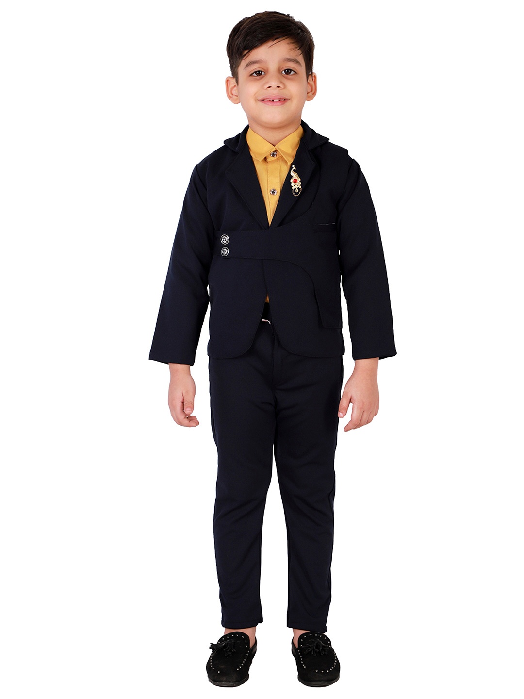 

FOURFOLDS Boys Navy Blue & Yellow 3-Piece Suit