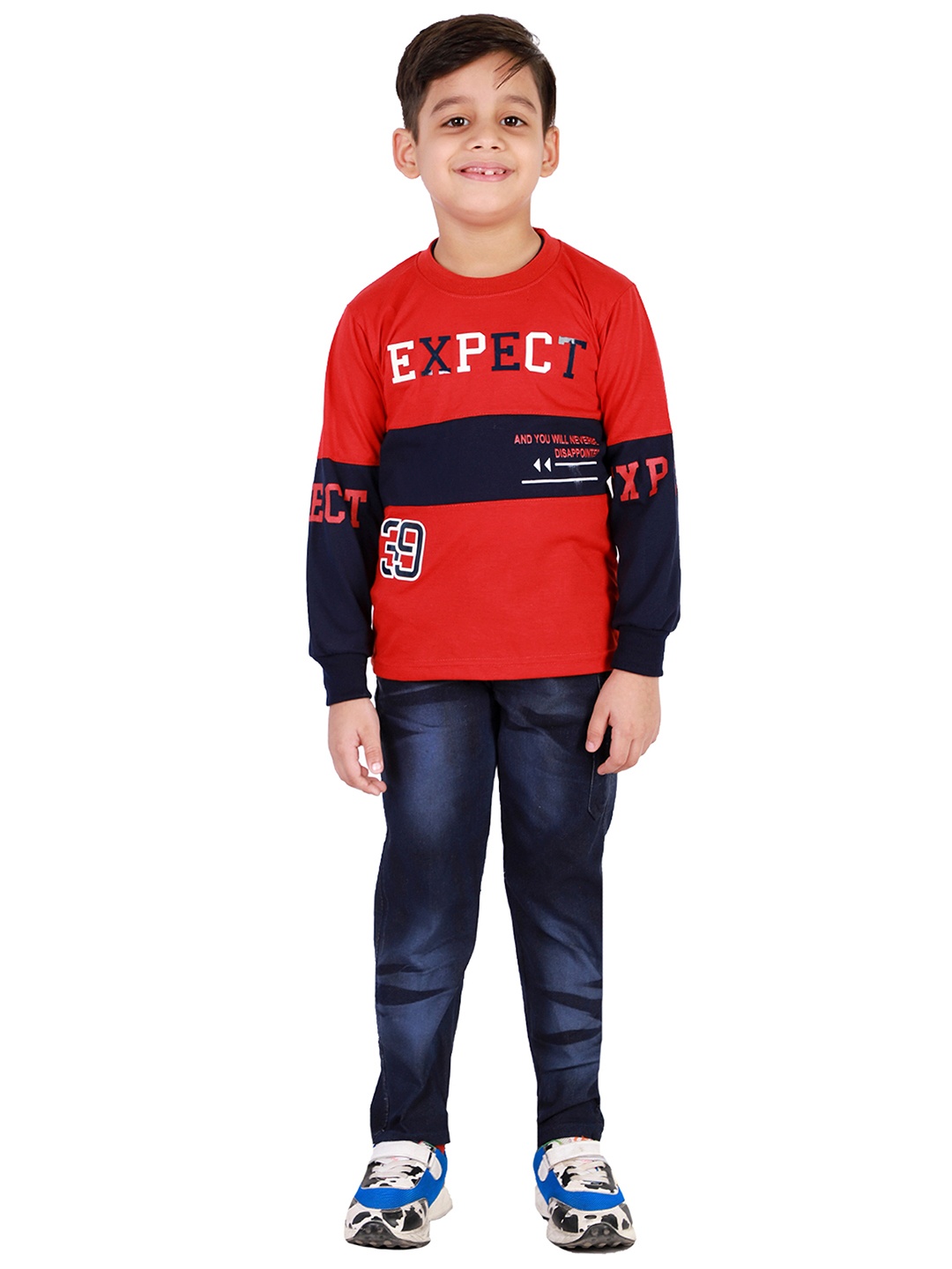 

FOURFOLDS Boys Red & Navy Blue Printed T-shirt with Trousers