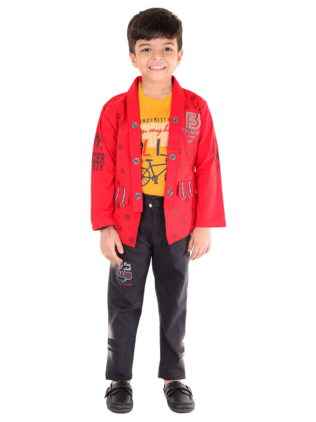 

FOURFOLDS Boys Red & Black Printed 3-Piece Set T-shirt with Trousers & Jacket