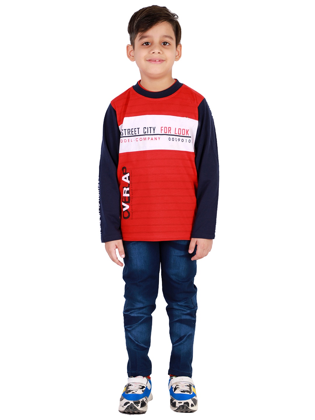 

FOURFOLDS Boys Red & Navy Blue Printed T-shirt with Trousers