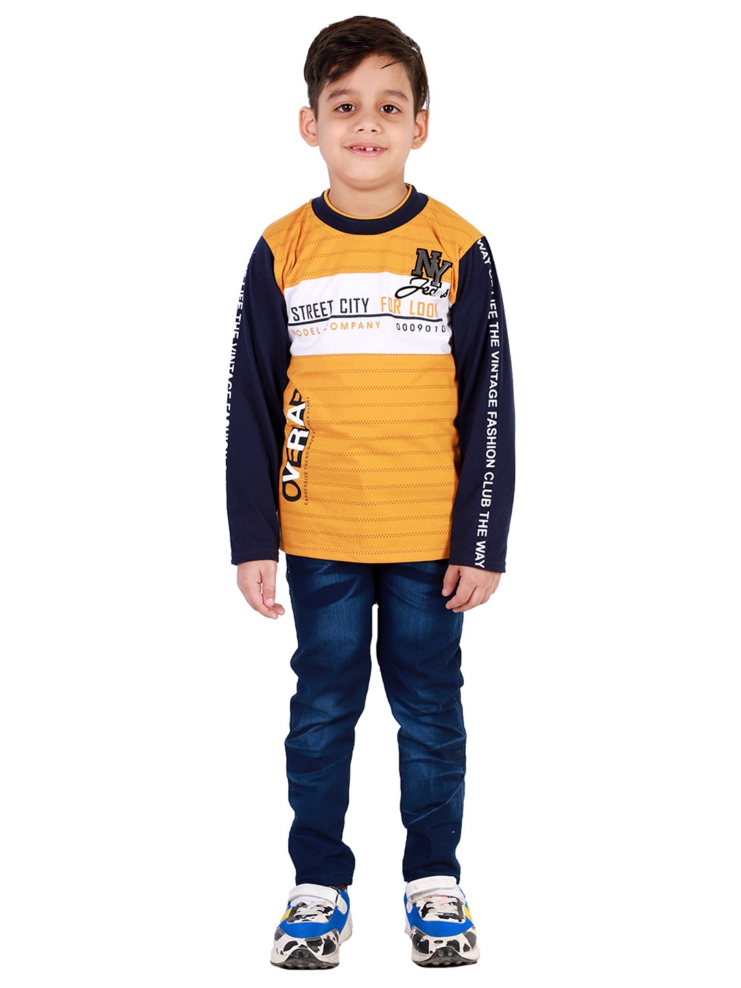 

FOURFOLDS Boys Mustard Yellow & Blue Printed T-shirt with Jeans