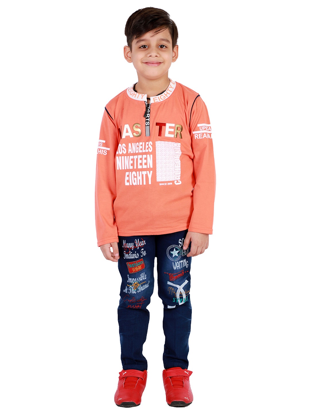 

FOURFOLDS Boys Orange & Navy Blue Printed T-shirt with Trousers