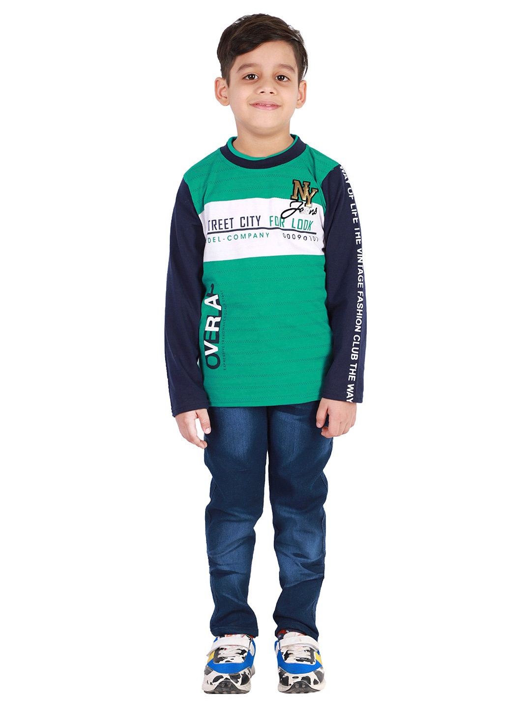 

FOURFOLDS Boys Green & Navy Blue Printed 2 Piece Casual Suit