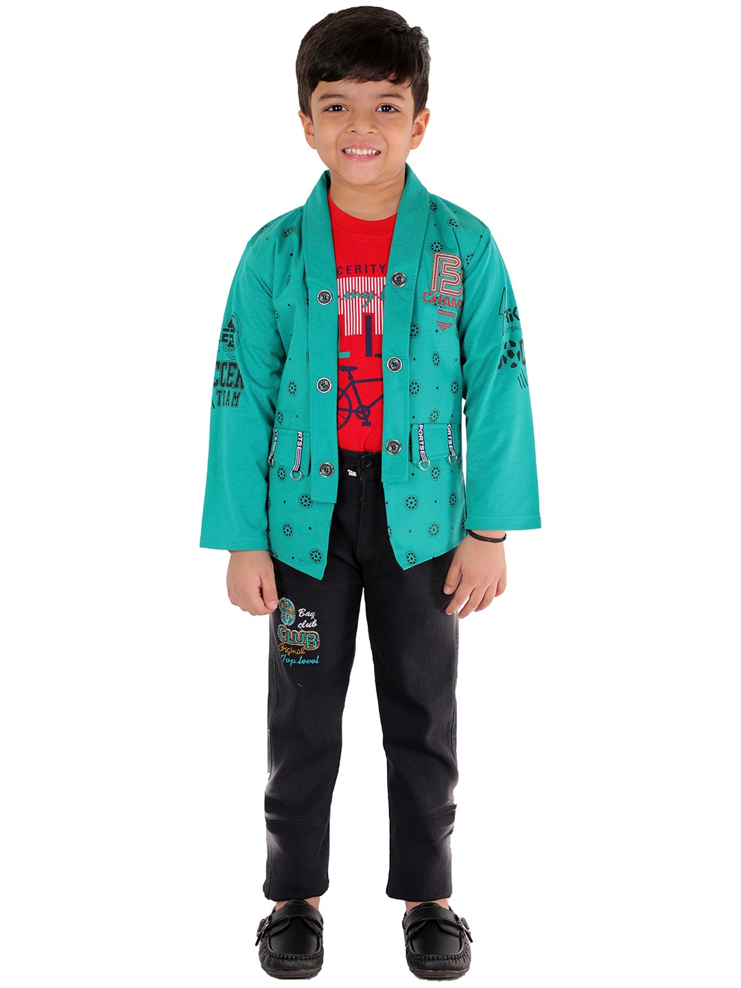 

FOURFOLDS Boys Green & Black Printed T-shirt with Trousers