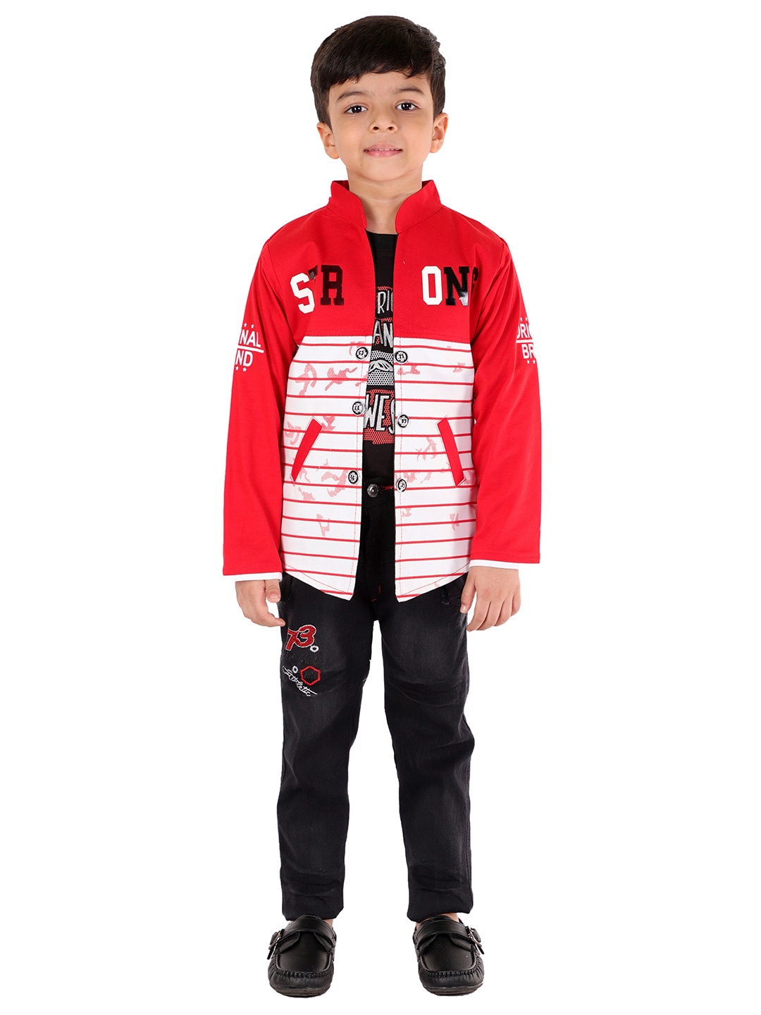 

FOURFOLDS Boys Red & Black Printed 3 Piece Casual Set