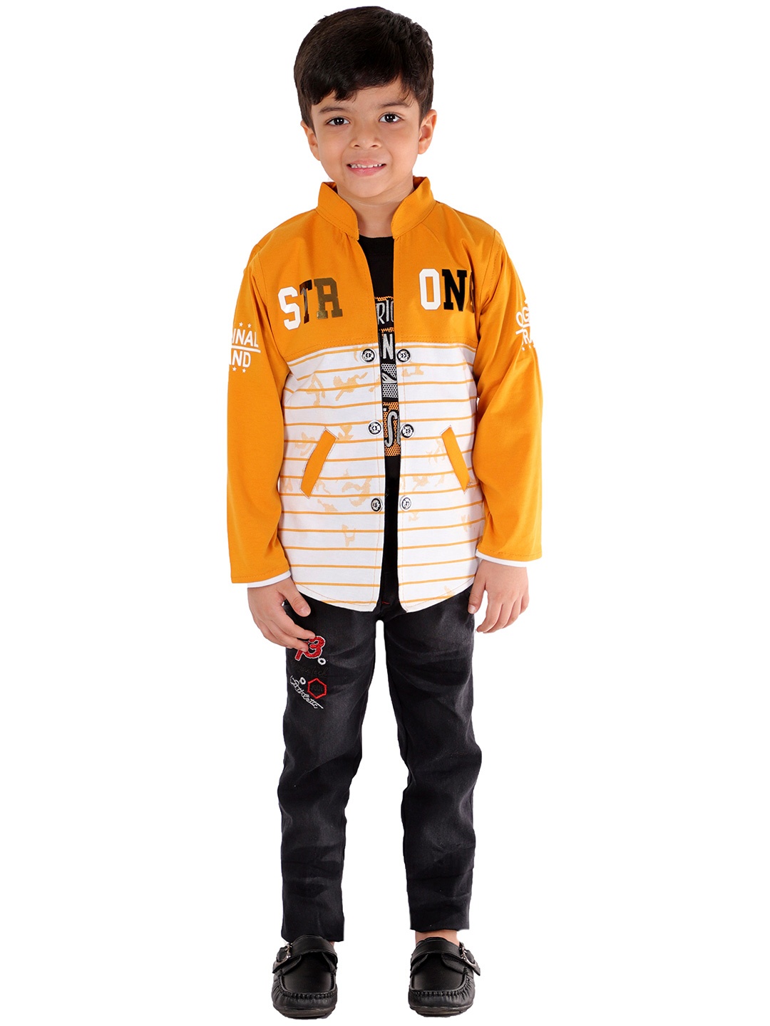 

FOURFOLDS Boys Mustard & Black Printed 3 Piece Casual Set