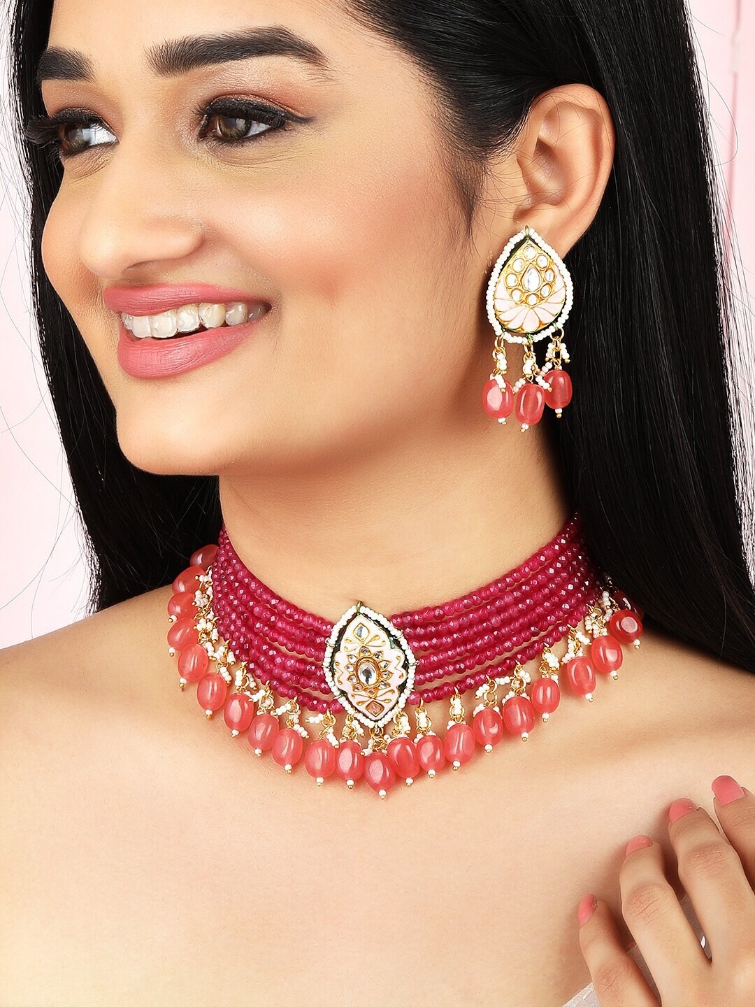 

Rubans Pink & White Gold-Plated Beaded Choker Jewellery Set