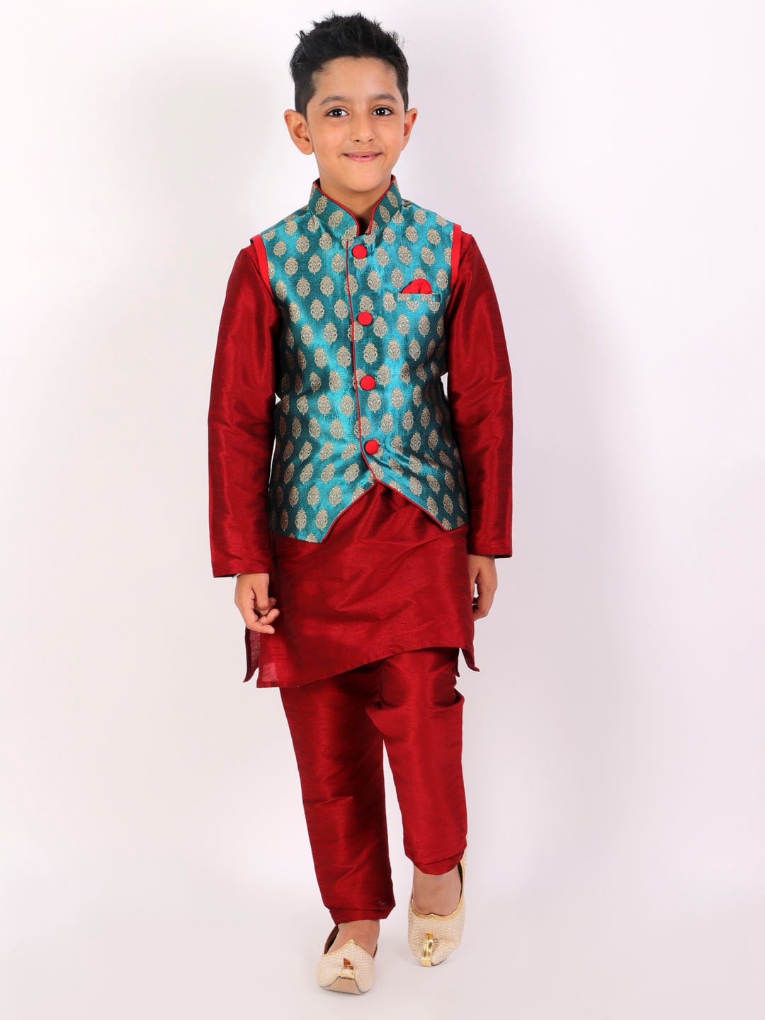 

YK Boys Maroon & Blue Layered Straight Kurta with Pyjamas & Nehru Jacket