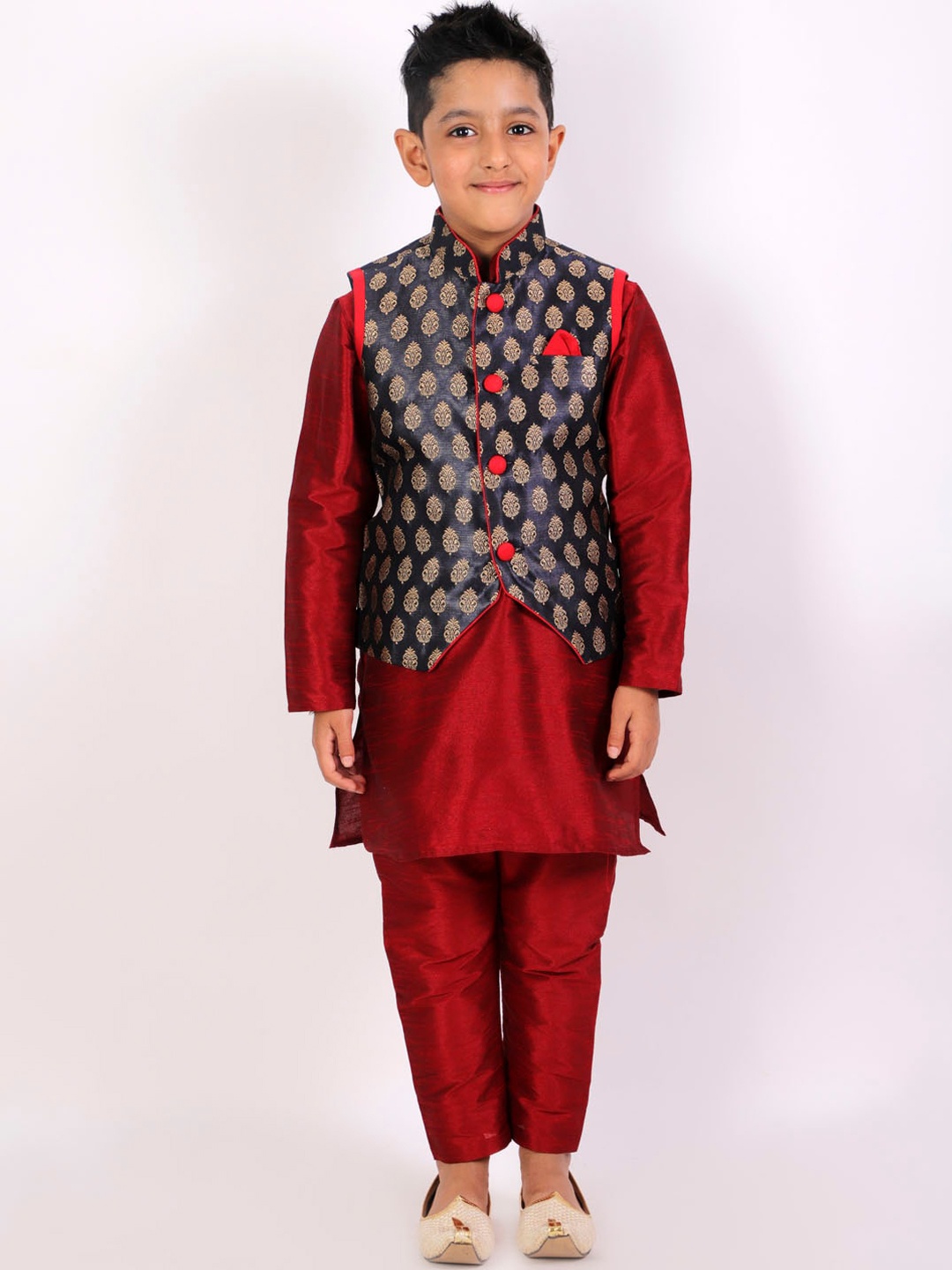 

YK Boys Maroon & Navy Blue Layered Straight Kurta with Pyjamas & Nehru Jacket