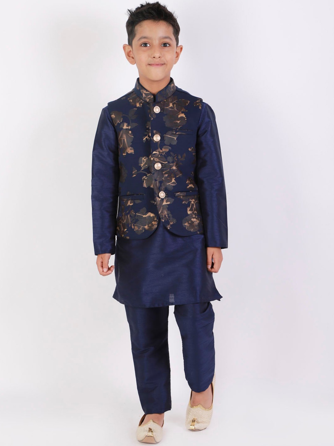 

YK Boys Navy Blue Layered Straight Kurta with Pyjamas & Nehru Jacket