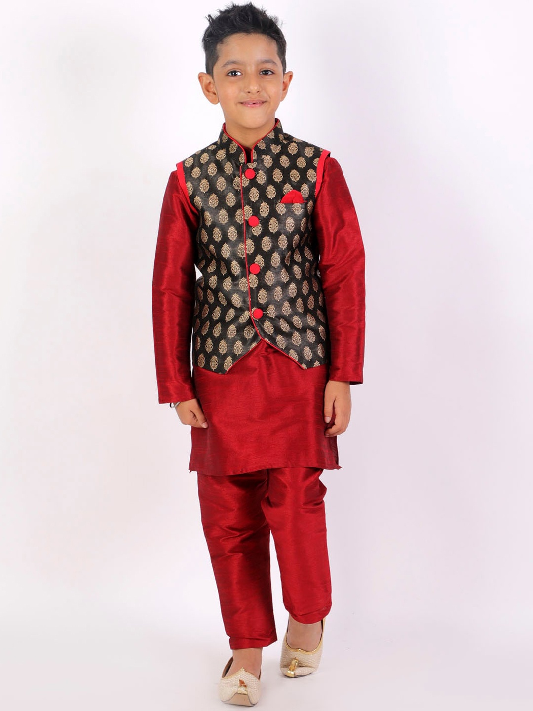 

YK Boys Maroon & Black Layered Straight Kurta with Pyjamas & Nehru Jacket