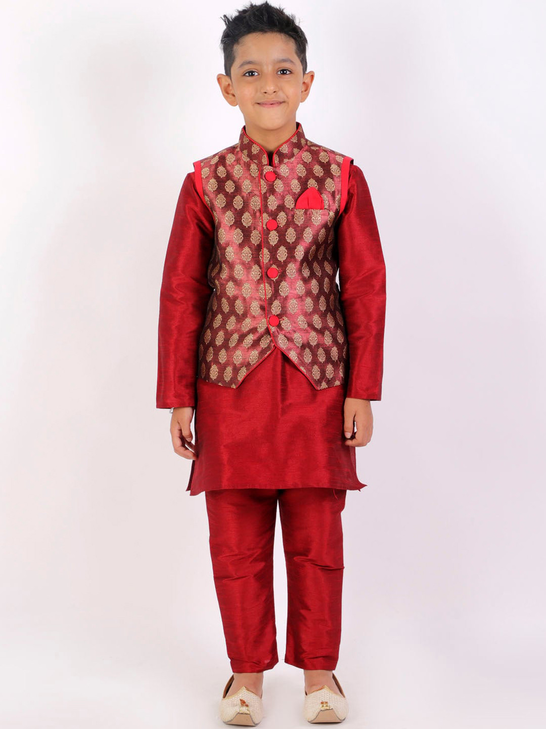 

YK Boys Maroon Straight Kurta with Pyjamas & Nehru Jacket