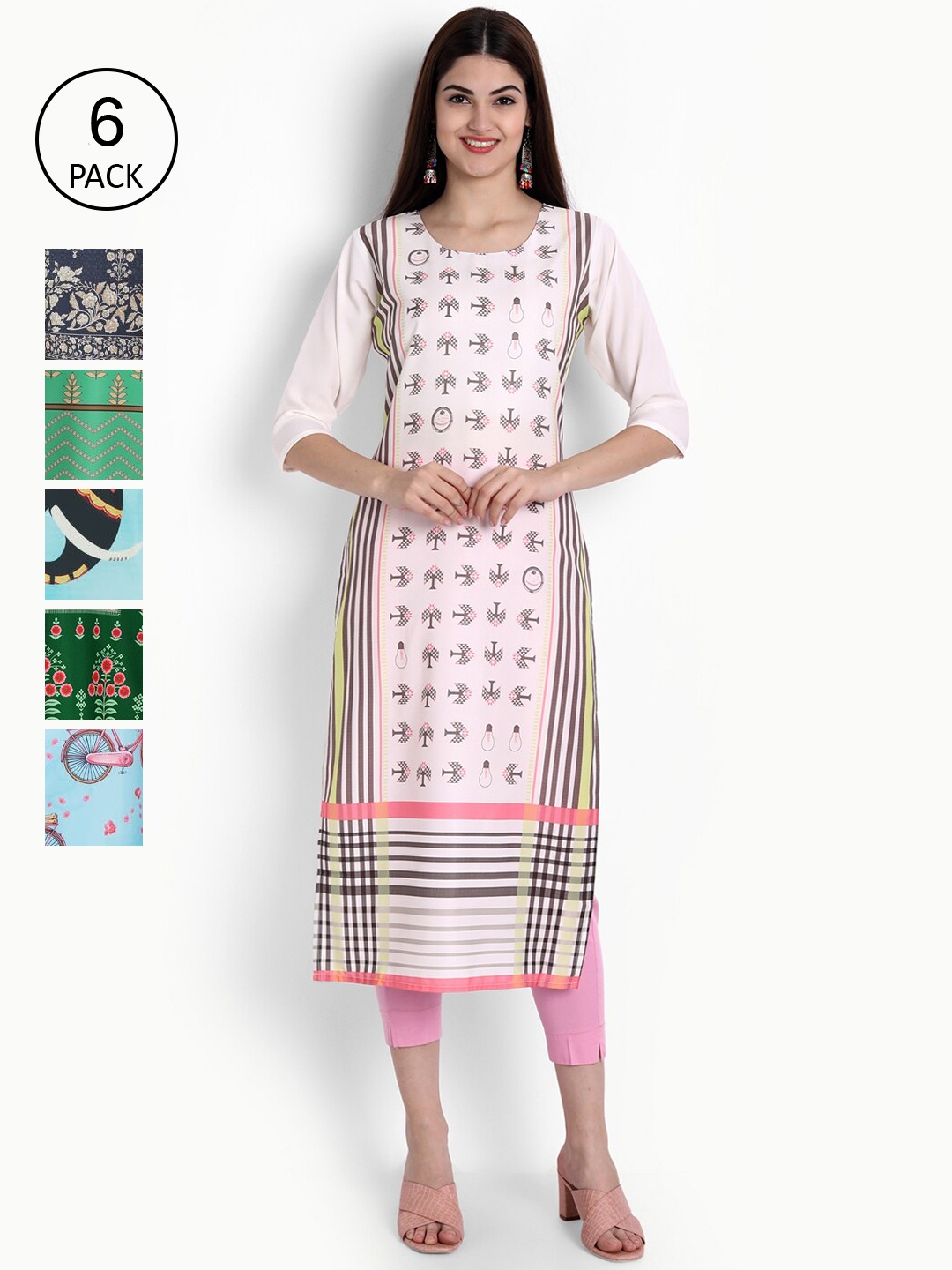 

Ethnic basket Set Of 6 Women Multicoloured Geometric Printed Crepe Kurta, Multi