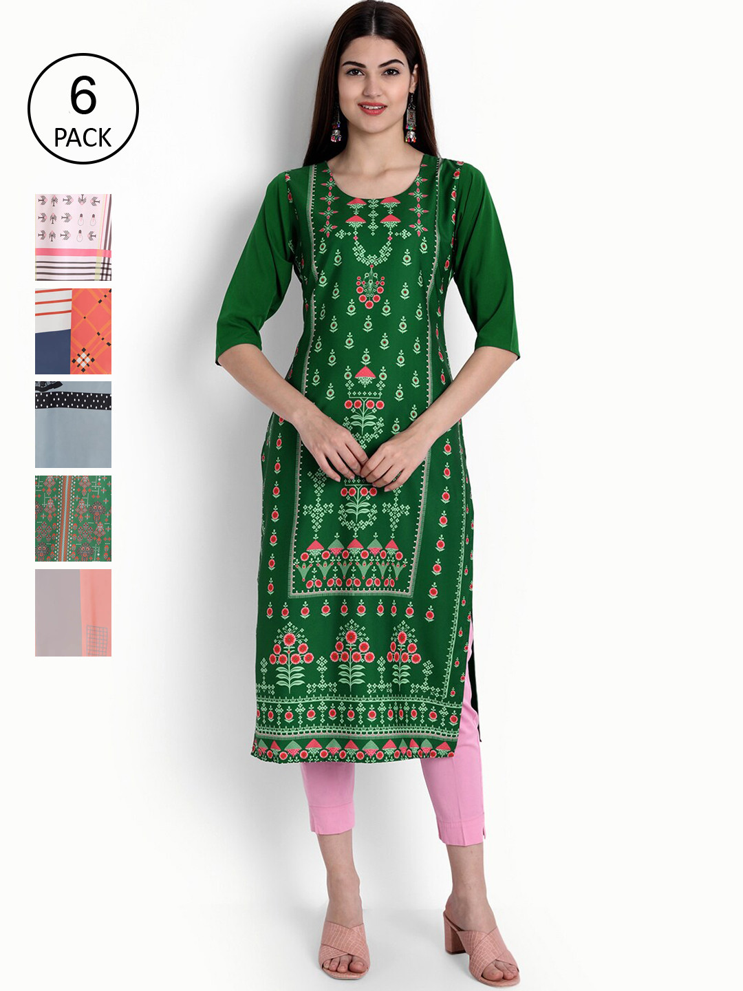 

Ethnic basket Women Pack Of 6 Multicoloured Colourblocked Thread Work Printed Crepe Kurtas, Multi