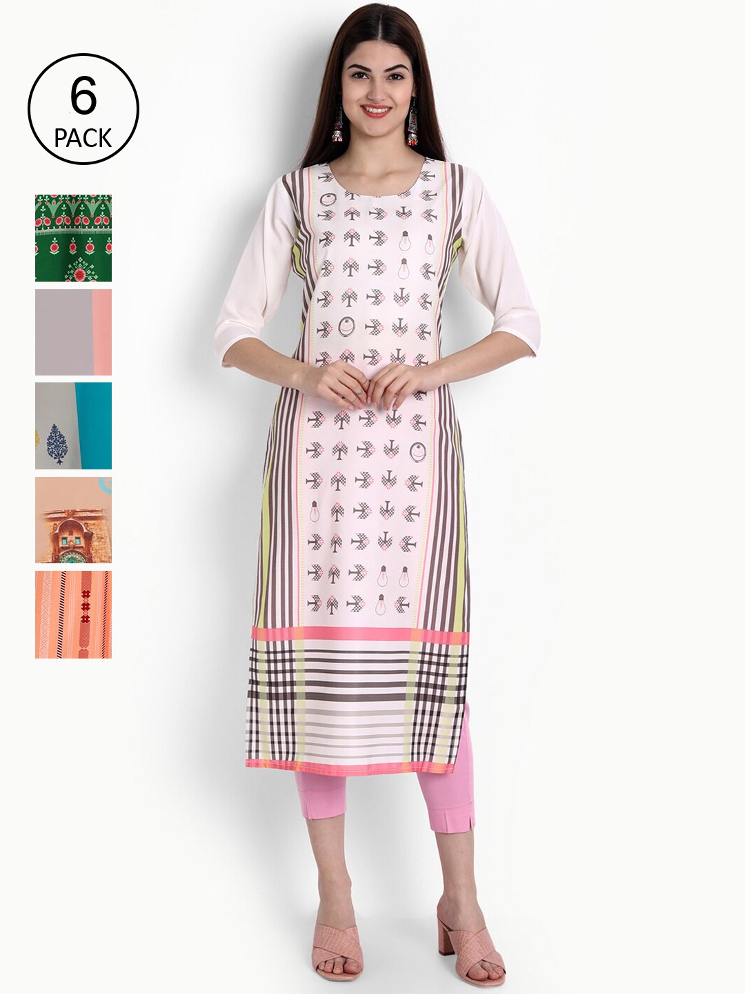 

Ethnic basket Woman Pack of 6 Multicoloured Printed Crepe Kurta, Multi