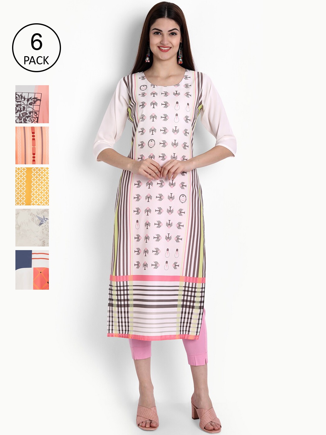 

Ethnic basket Women Pack Of 6 Multicoloured Block Print Crepe Kurta, Multi