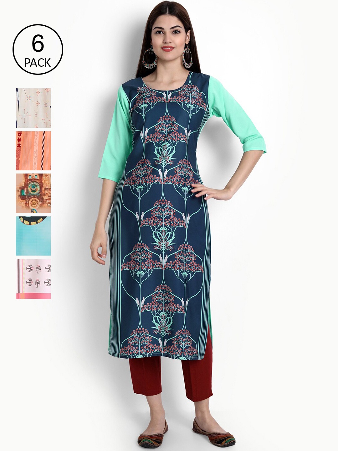 

Ethnic basket Women Multicoloured Pack of 6 Digital Print Straight Kurta, Multi