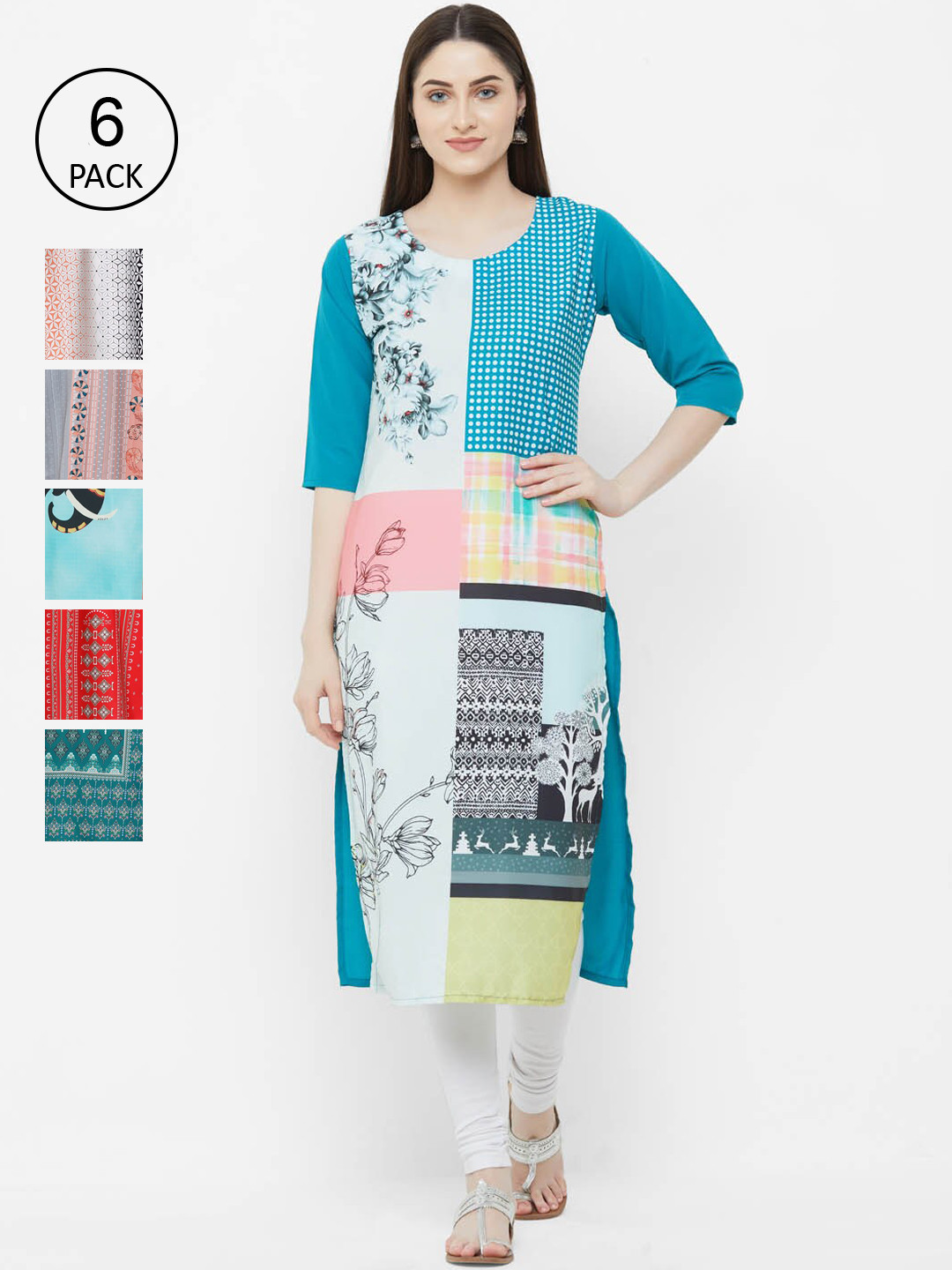 

Ethnic basket Women Multicoloured Set of 6 Printed Crepe Kurta, Multi