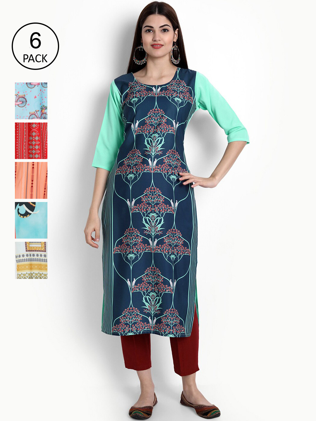 

Ethnic basket Women Pack of 6 Printed Kurtas, Multi