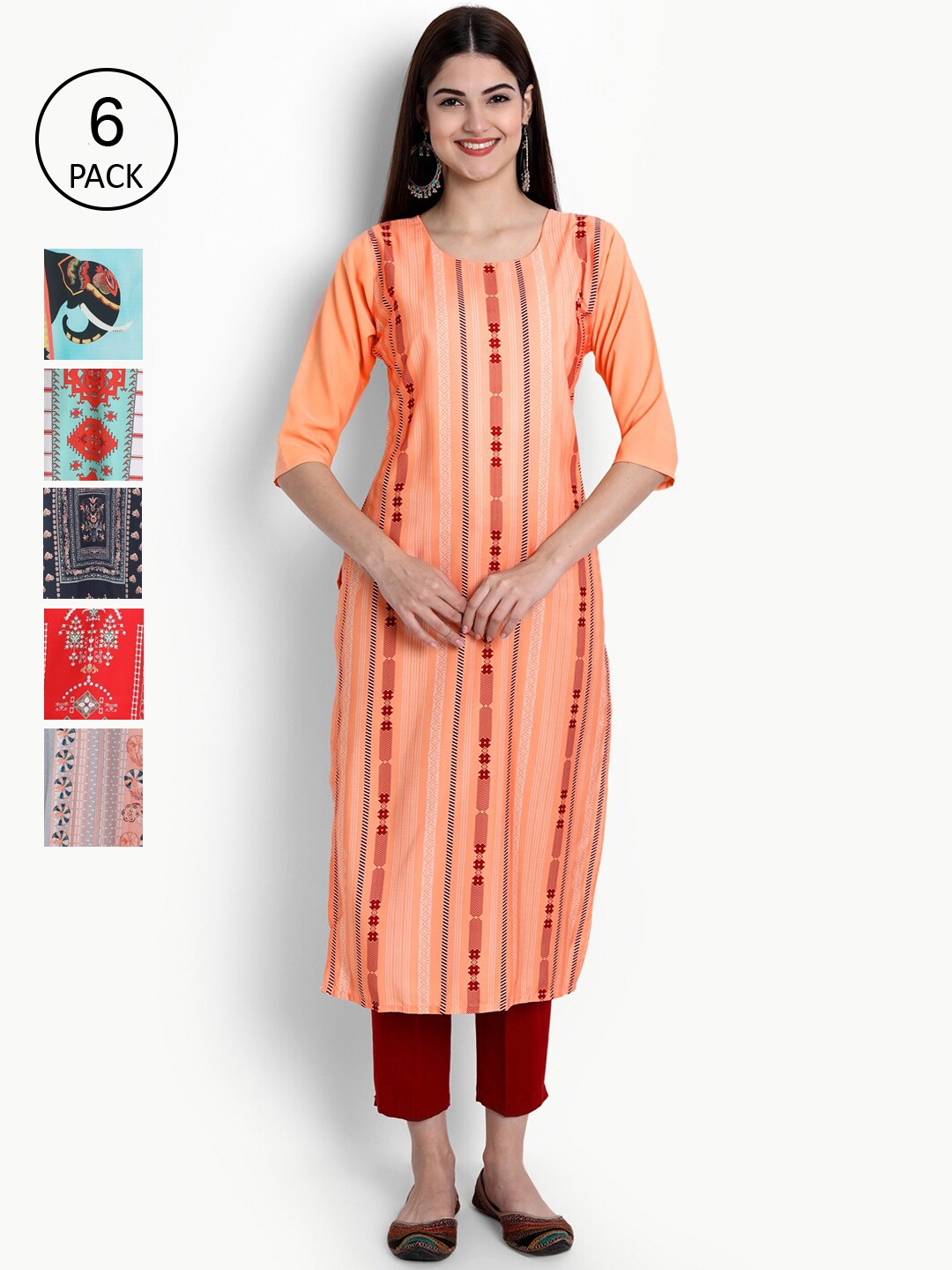 

Ethnic basket Women Pack of 6 Printed Block Print Crepe Kurta, Peach