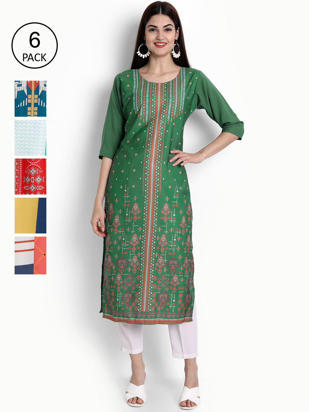 

Ethnic basket Women Pack Of 6 Printed Block Print Crepe Kurta, Green