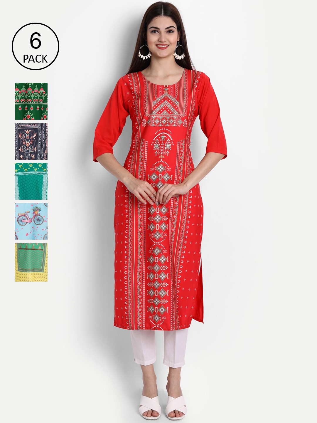 

Ethnic basket Women Pack of 6 Digital Printed Straight Kurtas, Red