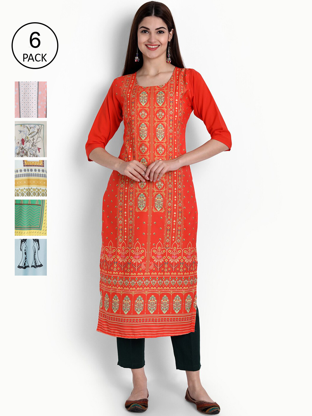 

Ethnic basket Women Pack Of 6 Ethnic Motifs Crepe Kurta, Red