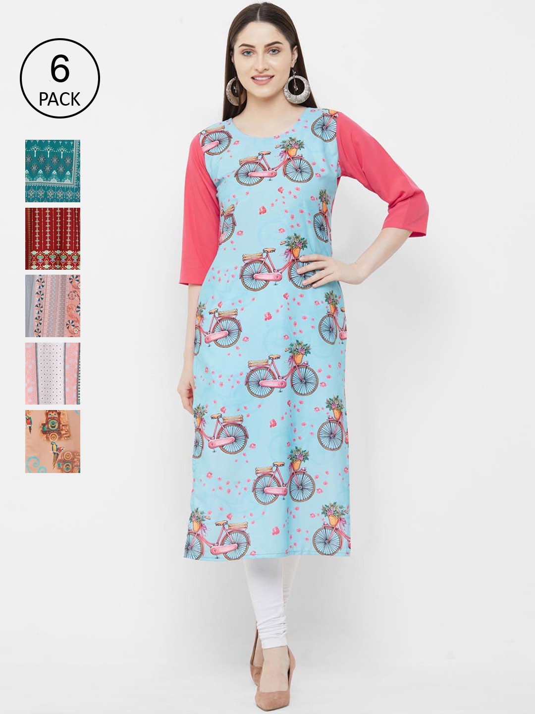 

Ethnic basket Set Of 6 Women Multicoloured Quirky Printed Crepe Kurtas, Multi