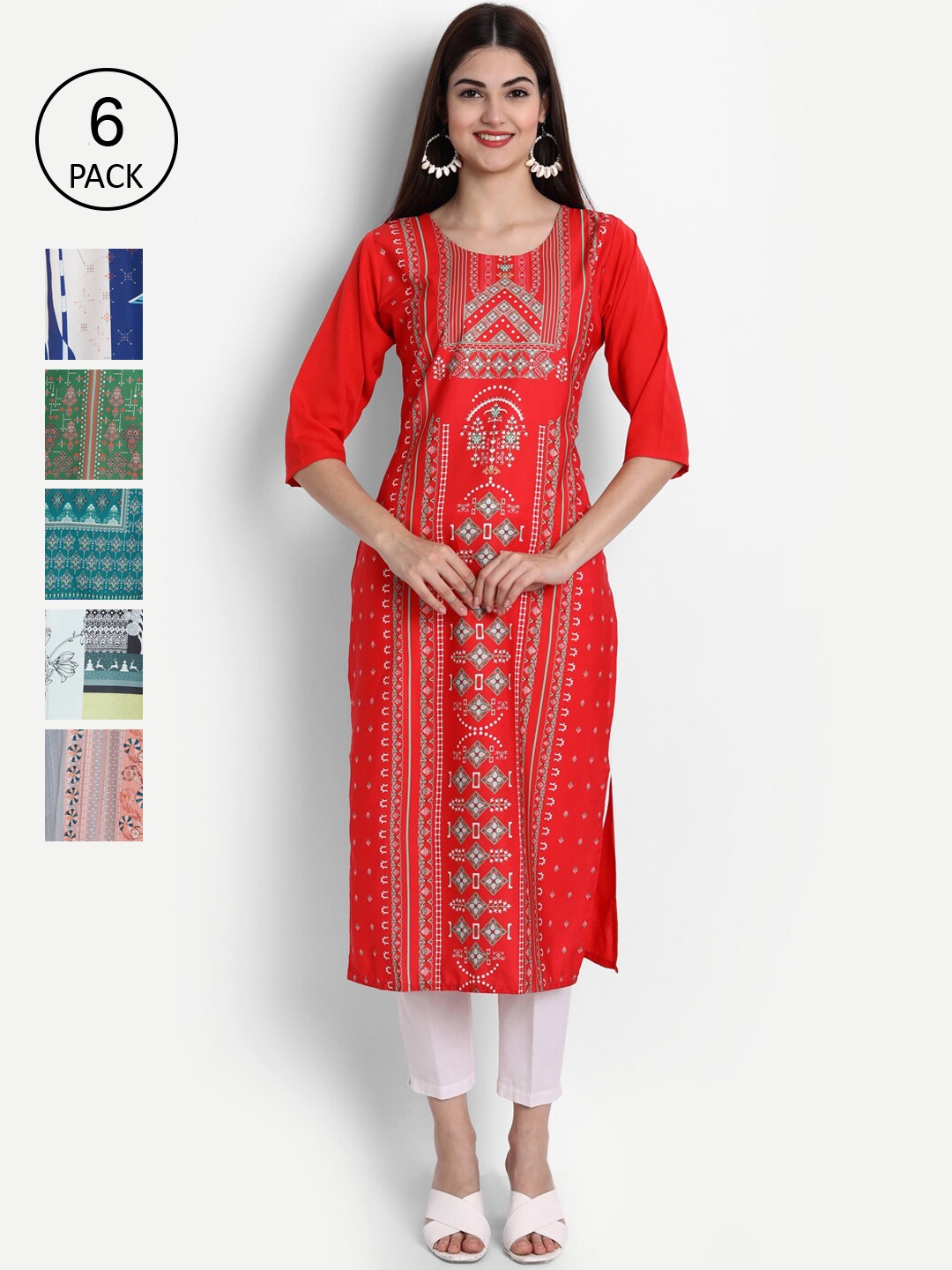 

Ethnic basket Women Pack Of 6 Multicoloured Colourblocked Thread Work Printed Crepe Kurtas, Multi