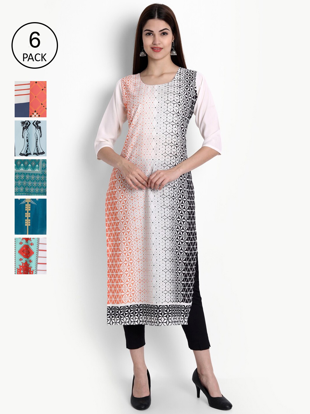 

Ethnic basket Woman Pack of 6 Multicoloured Ethnic Motifs Printed Crepe Kurta, Multi