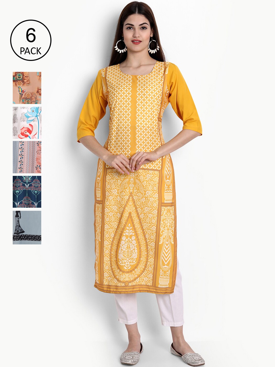 

Ethnic basket Women Multicoloured Set of 6 Printed Crepe Kurta, Multi