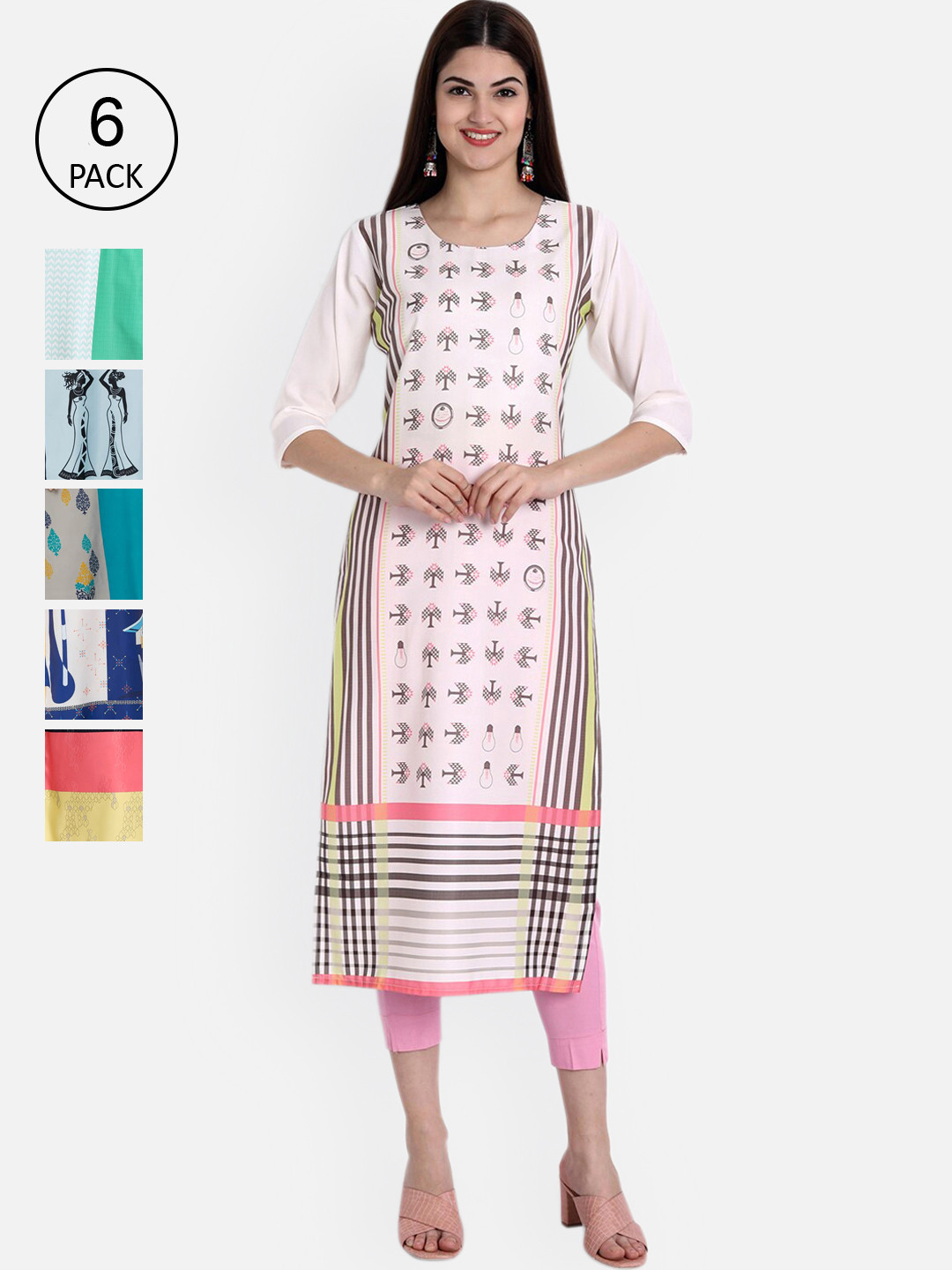 

Ethnic basket Women Pack Of 6 Printed Block Print Crepe Kurta, White