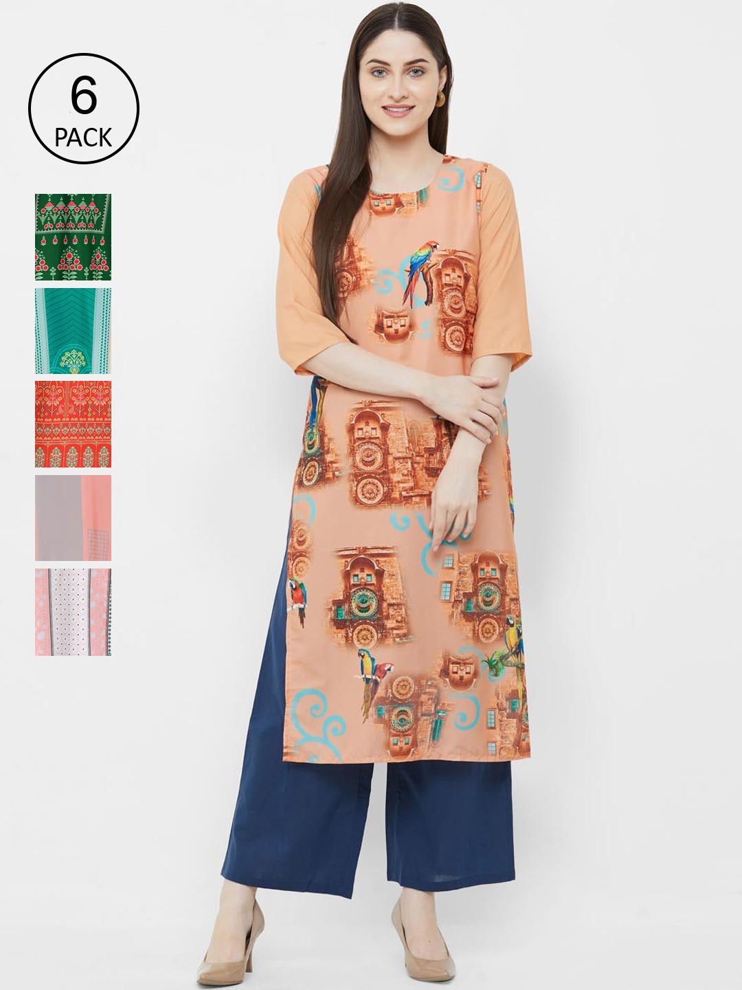 

Ethnic basket Women Pack Of 6 Digital Printed Crepe Kurta, Peach
