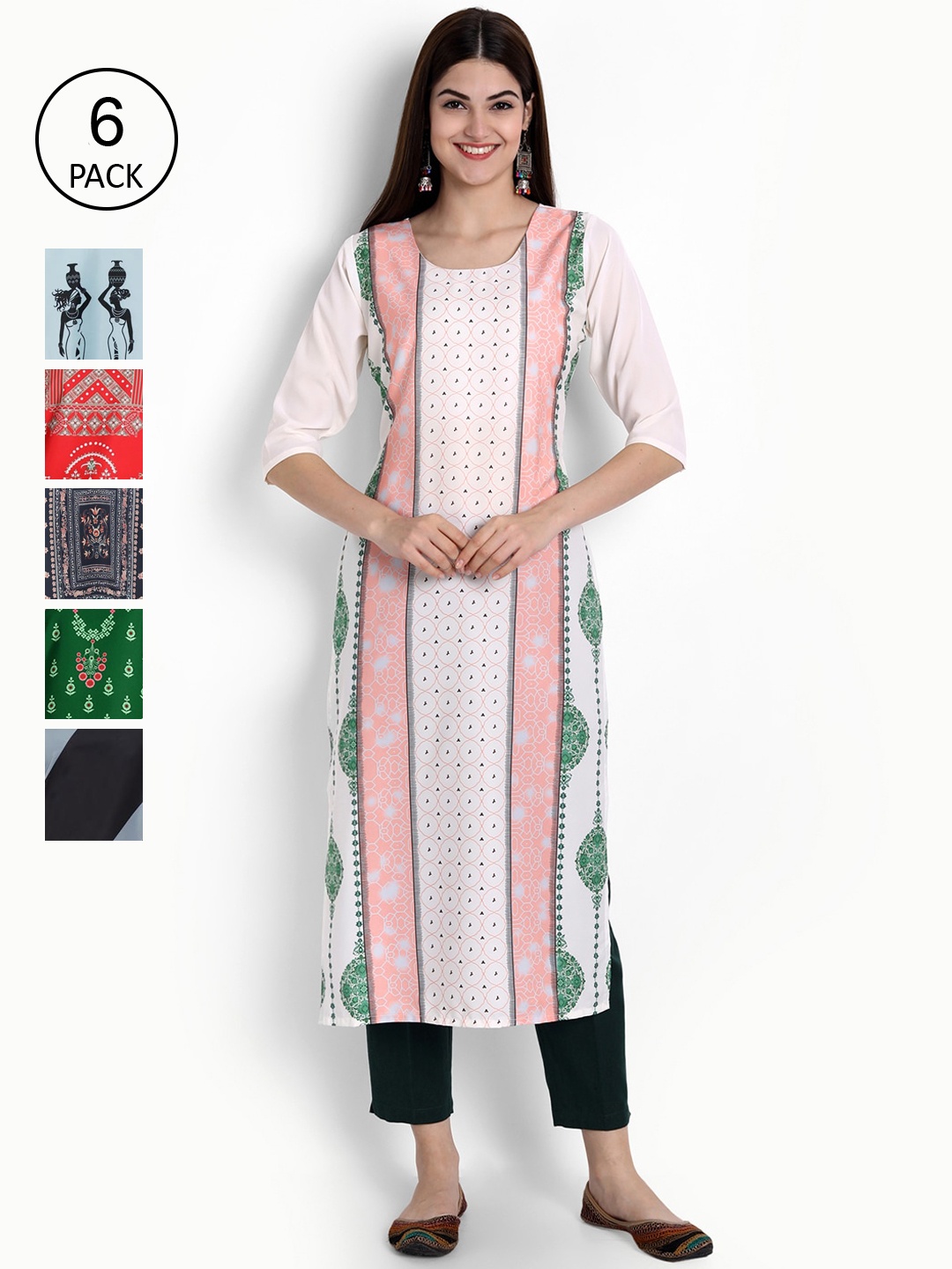 

Ethnic basket Women Pack Of 6 Digital Printed Crepe Kurta, Green