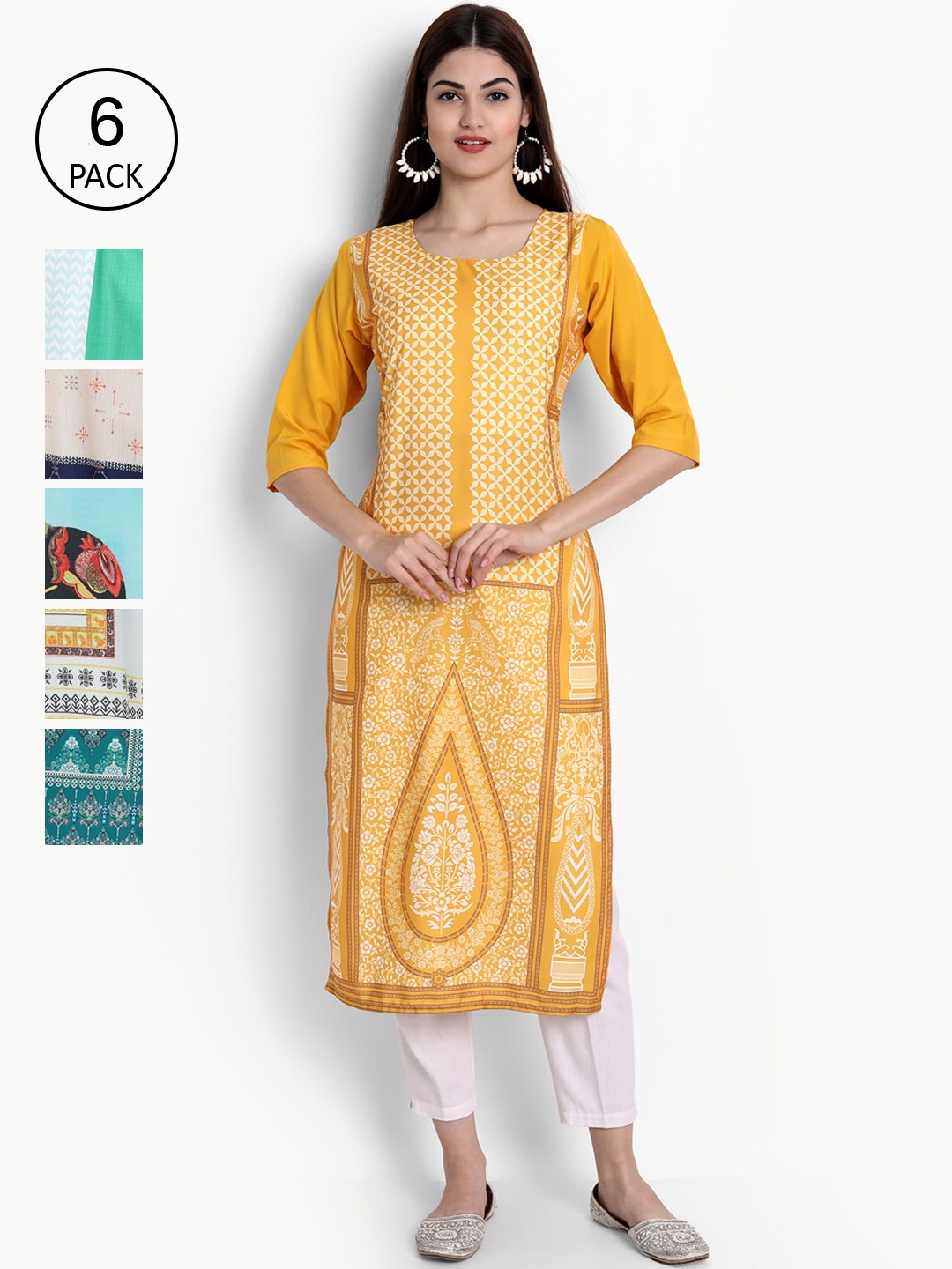 

Ethnic basket Women Pack of 6 Digital Printed Straight Kurtas, Yellow