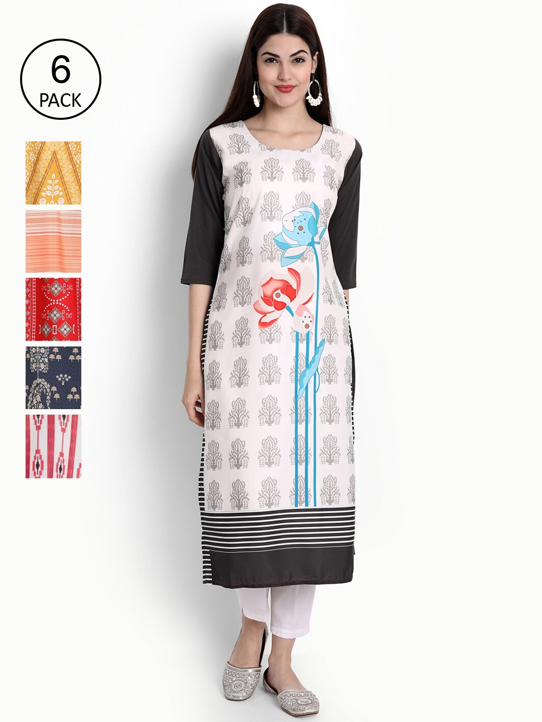 

Ethnic basket Women Pack-6 Geometric Printed Block Print Crepe Kurta, White