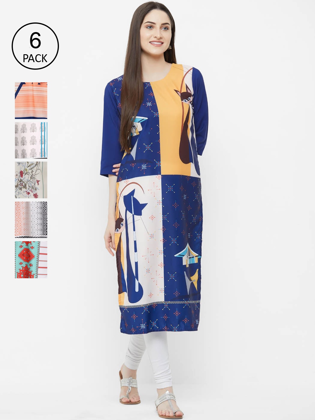

Ethnic basket Set Of 6 Women Multicoloured Geometric Printed Crepe Kurta, Multi