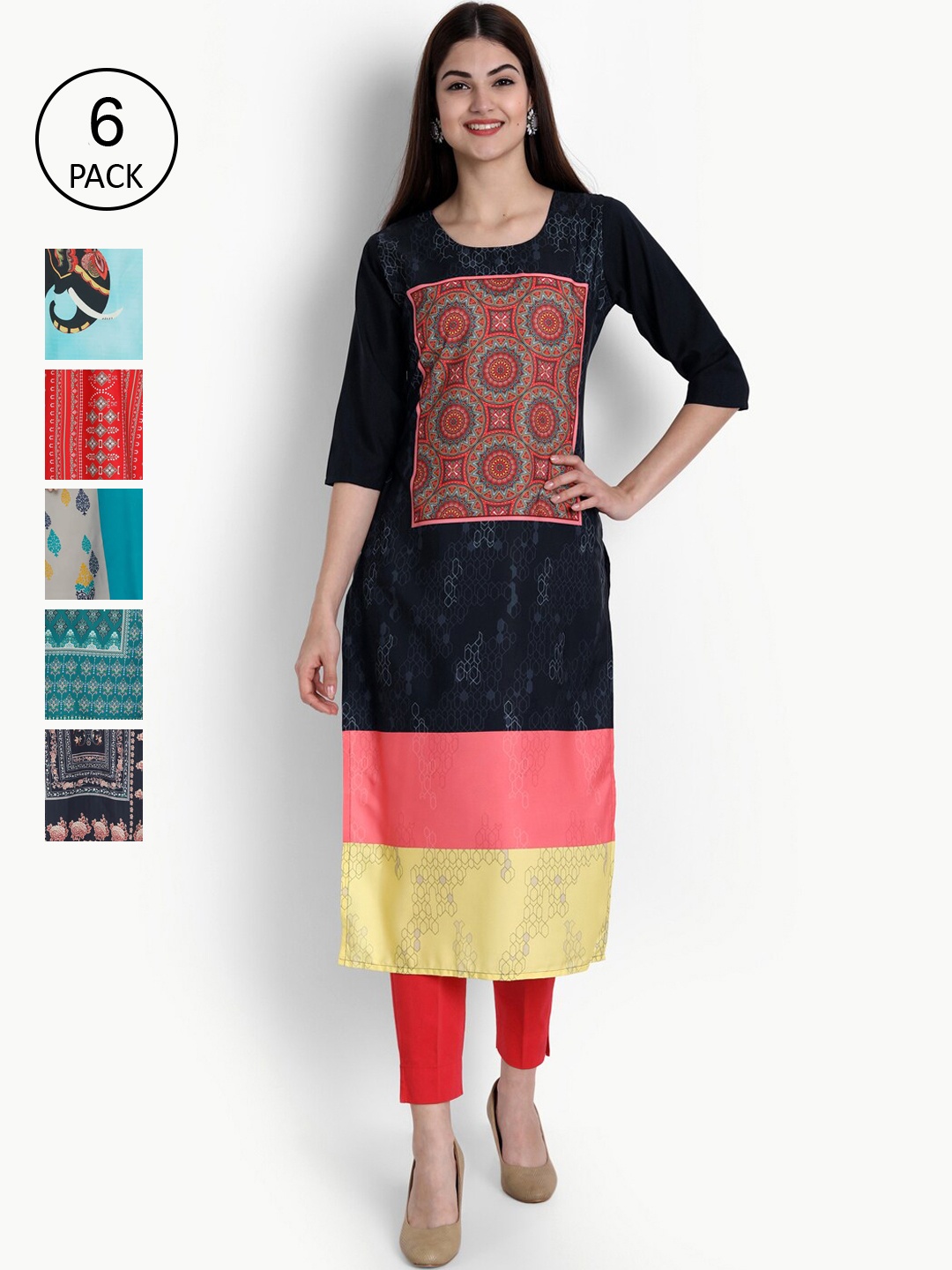 

Ethnic basket Women Pack Of 6 Multicoloured Colourblocked Thread Work Printed Crepe Kurtas, Multi