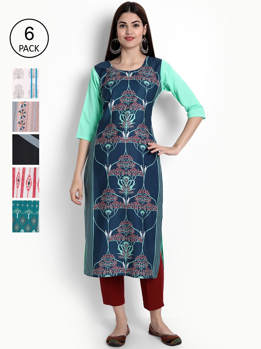 

Ethnic basket Woman Pack of 6 Multicoloured Geometric Striped Crepe Kurta, Multi