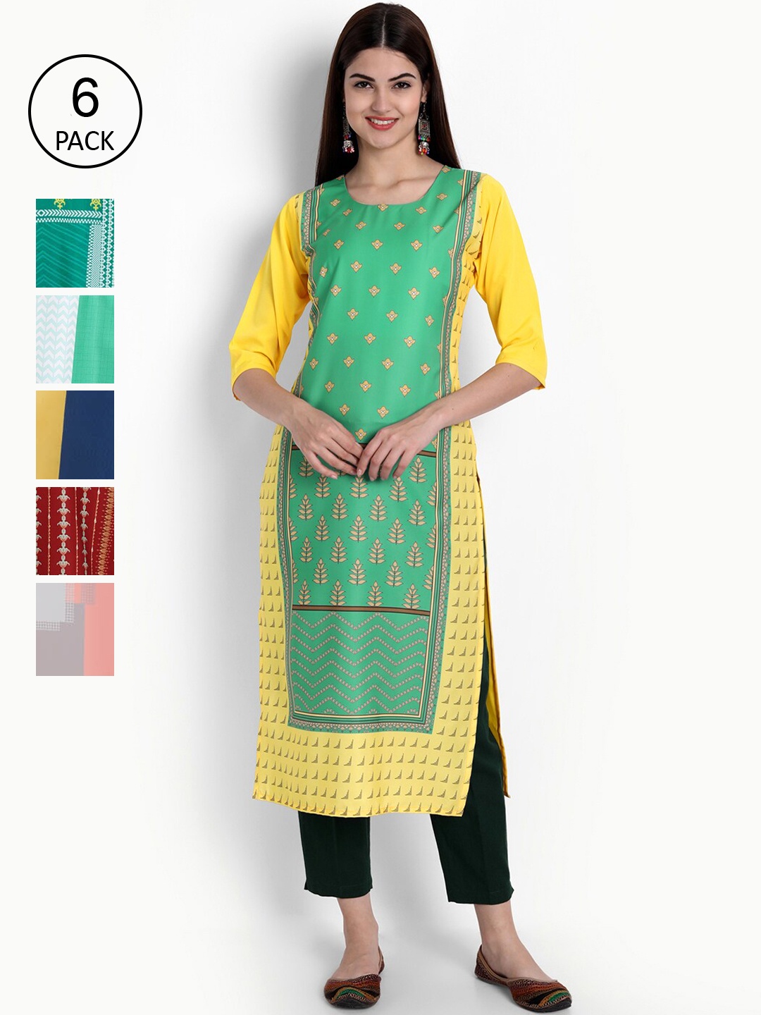 

Ethnic basket Women Multicoloured Pack of 6 Digital Print Straight Kurta, Multi