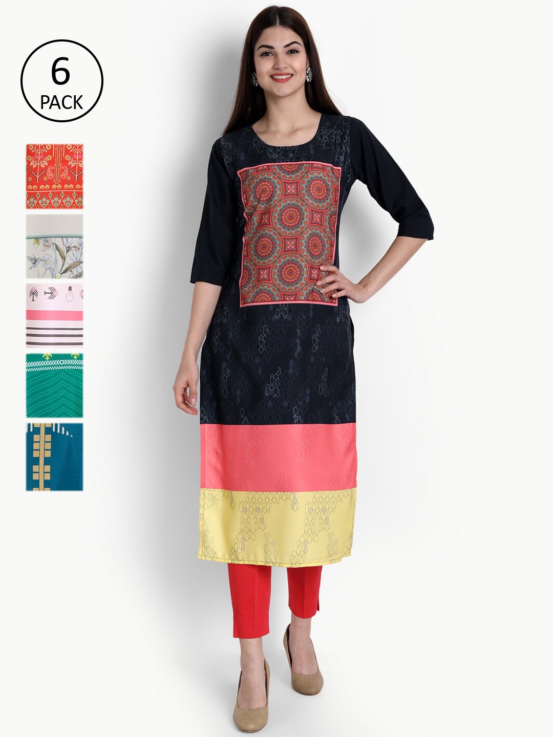 

Ethnic basket Women Multicoloured Set of 6 Printed Crepe Kurta, Multi